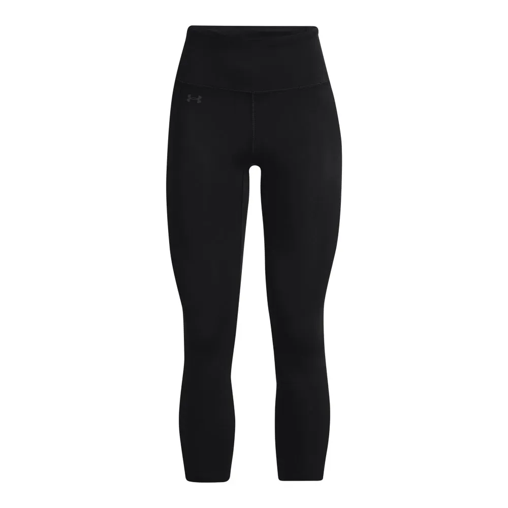 Legging feminina preta Under Armour vista frontal, destacando tecido macio e confortável